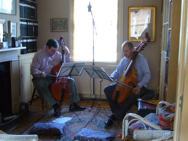 Roland Hutchinson on the left with viola da gamba, and his friend Jeremy Brooker on the right with the baryton