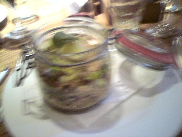 Photo of poached salmon and couscous salad served in a jar(!)